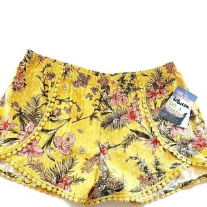 Boho sz L yellow summer shorts floral polka dot